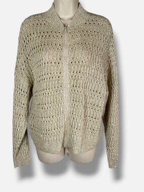 Brunello Cucinelli Women's Beige Open-Knit Zip Cardigan Sweater Size M